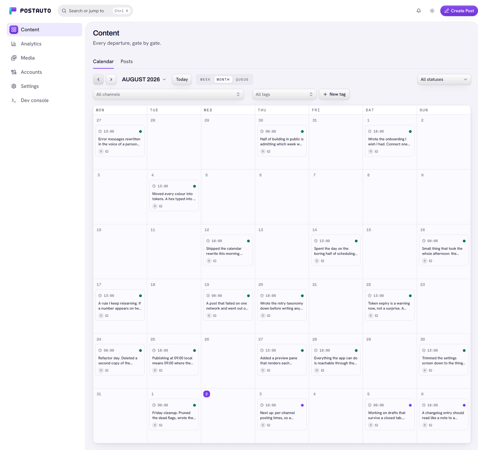 The Postauto month calendar in a demo workspace: a full month grid with the week, month and queue switch, channel filter chips, and post cards carrying their clock time and a departed or scheduled dot.