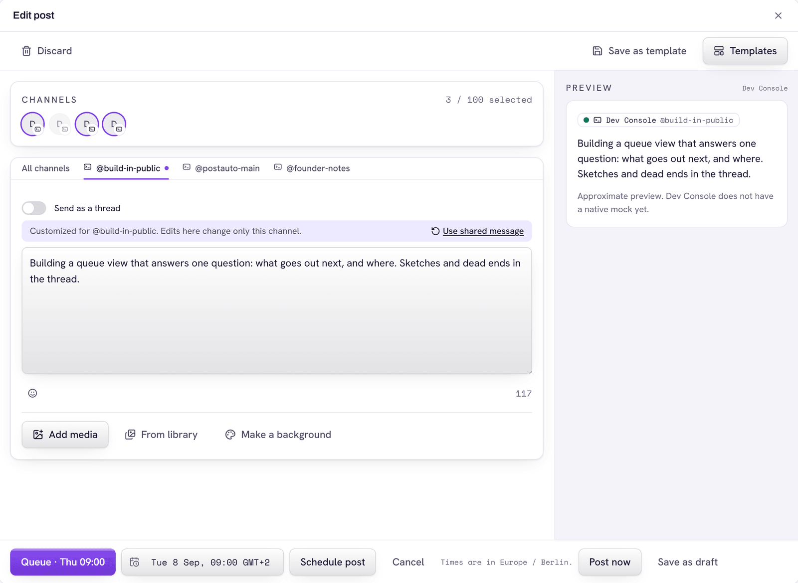 The Postauto composer dialog in a demo workspace: the channel chips, one channel's tab customized with its banner, the character counter, and the live preview of that channel's own text.