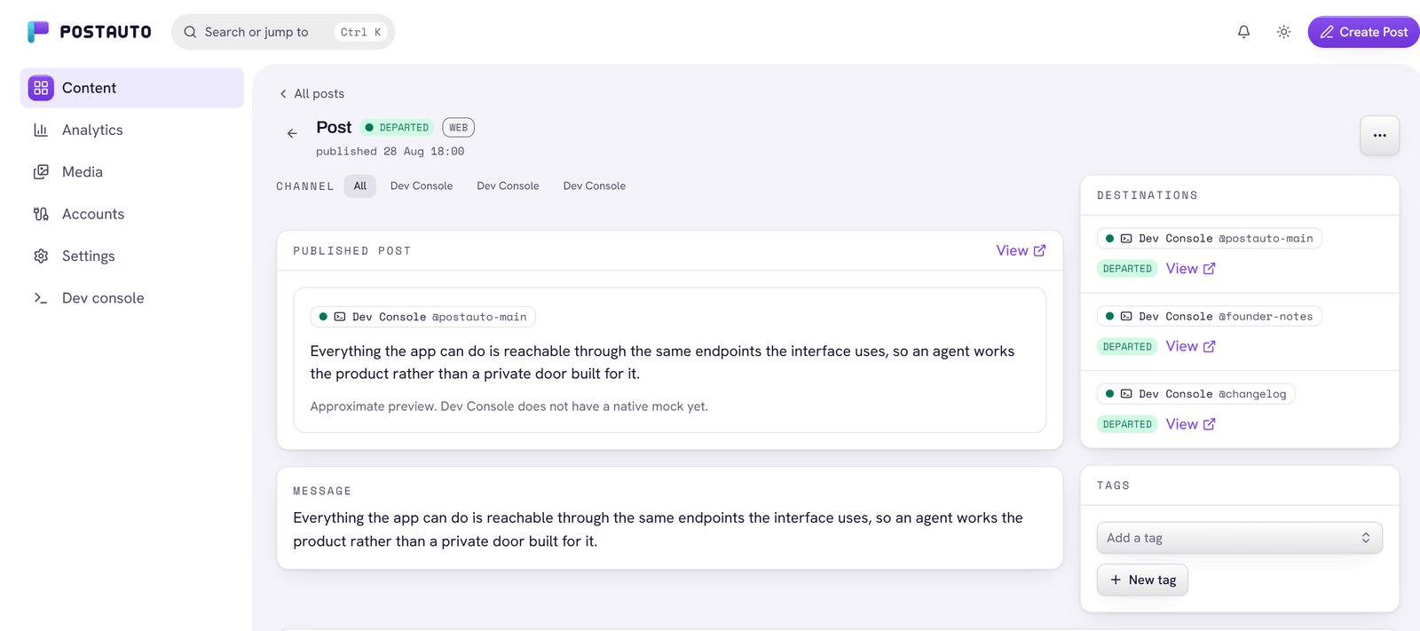A departed post's detail page in a demo workspace: the message, three channels each with its own status and permalink, and the tags card.